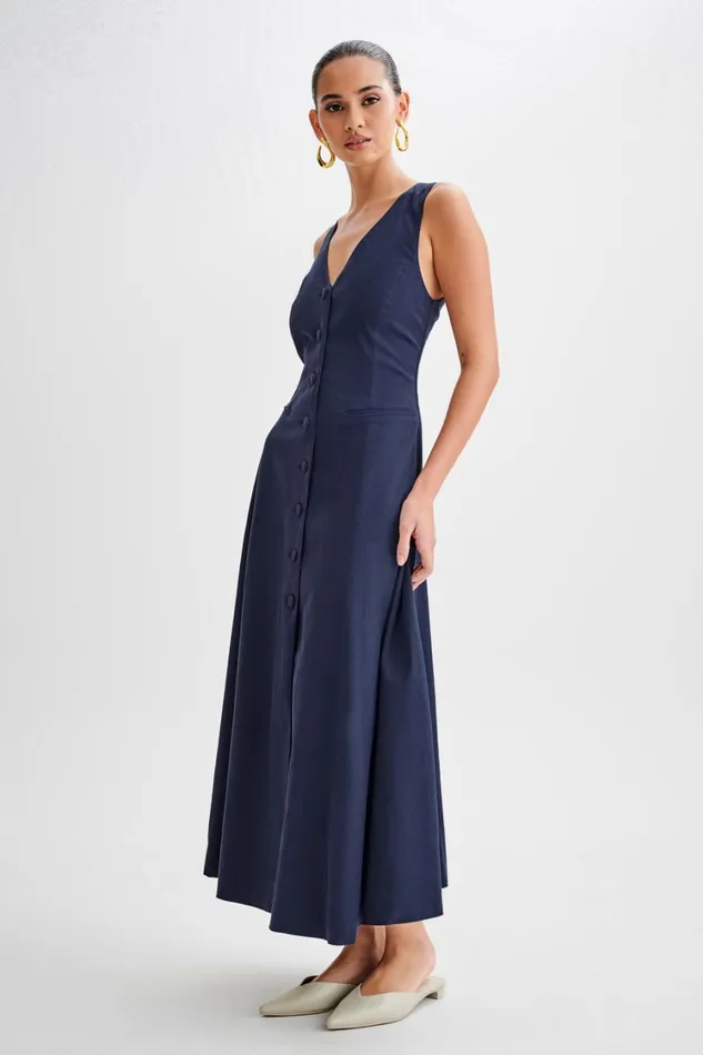 Women Meshki Dresses Theodora Cotton Buttoned Midi Dress 8211 Navy