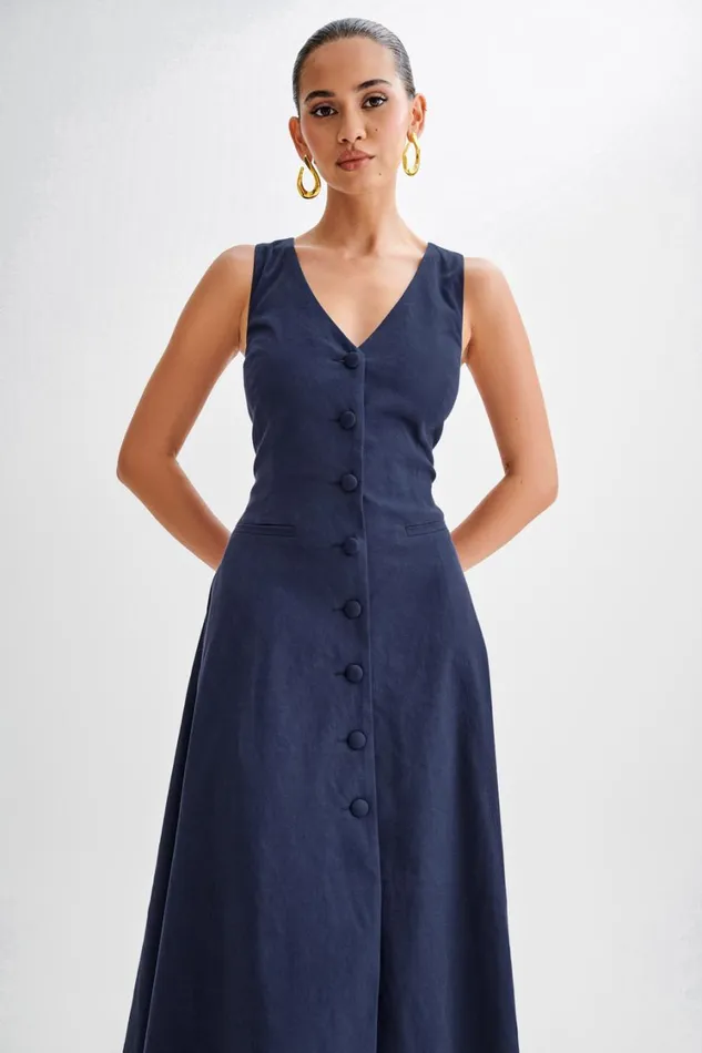 Women Meshki Dresses Theodora Cotton Buttoned Midi Dress 8211 Navy