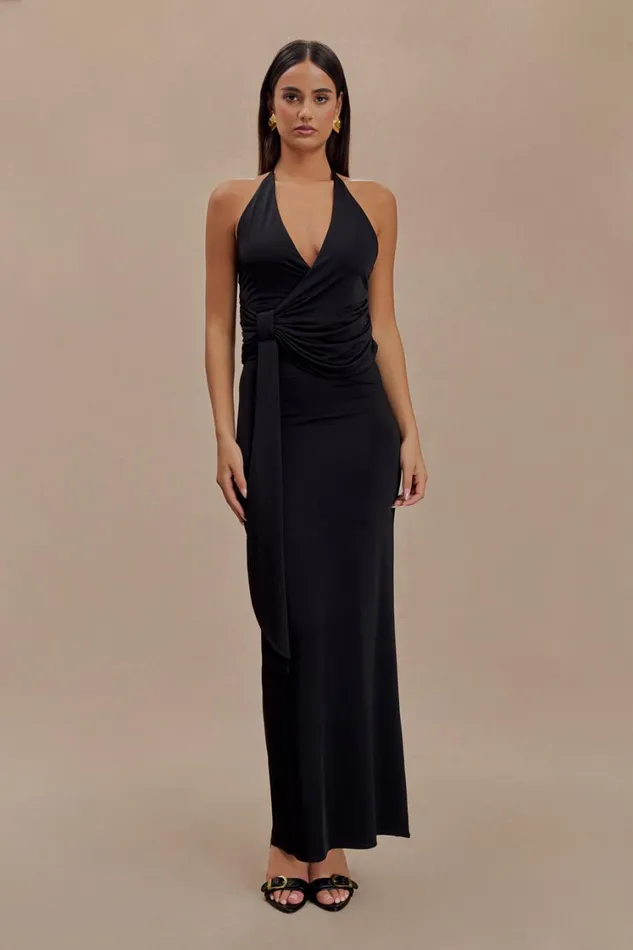 Women Meshki Dresses Tyla Draped Slinky Halter Maxi Dress 8211 Black