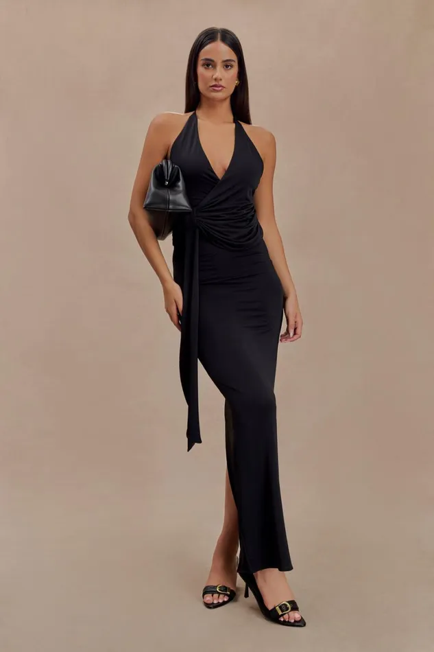 Women Meshki Dresses Tyla Draped Slinky Halter Maxi Dress 8211 Black