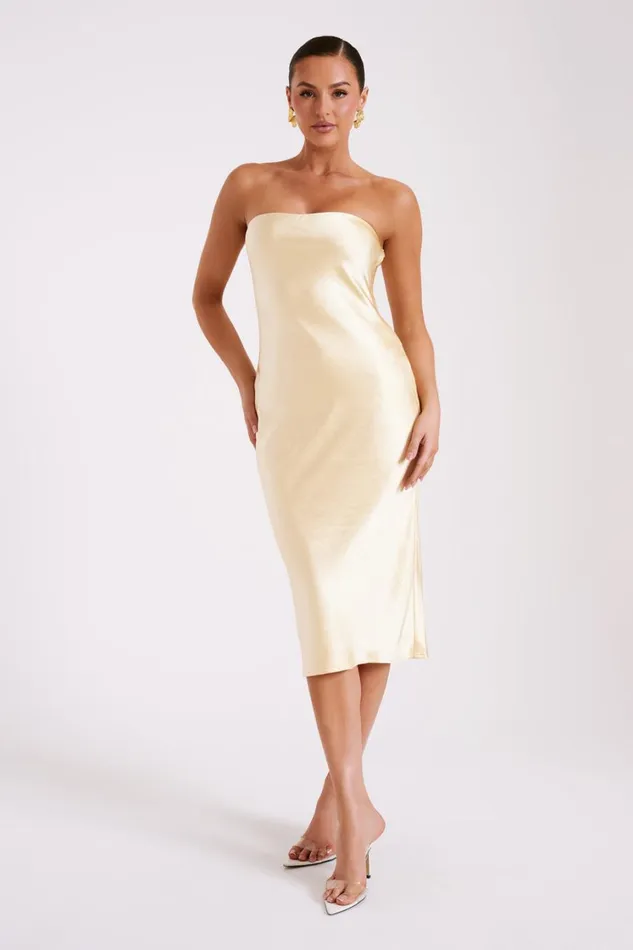 Women Meshki Dresses Tyler Strapless Satin Midi Dress 8211 Butter Women Meshki Dresses Tyler Strapless Satin Midi Dress 8211 Butter