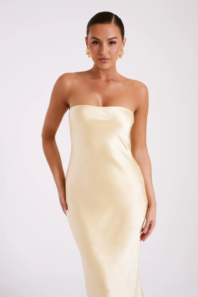 Women Meshki Dresses Tyler Strapless Satin Midi Dress 8211 Butter Women Meshki Dresses Tyler Strapless Satin Midi Dress 8211 Butter
