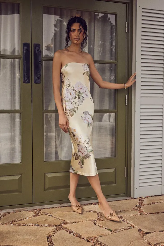 Women Meshki Dresses Tyler Strapless Satin Midi Dress 8211 Lemon Floral Print Women Meshki Dresses Tyler Strapless Satin Midi Dress 8211 Lemon Floral Print