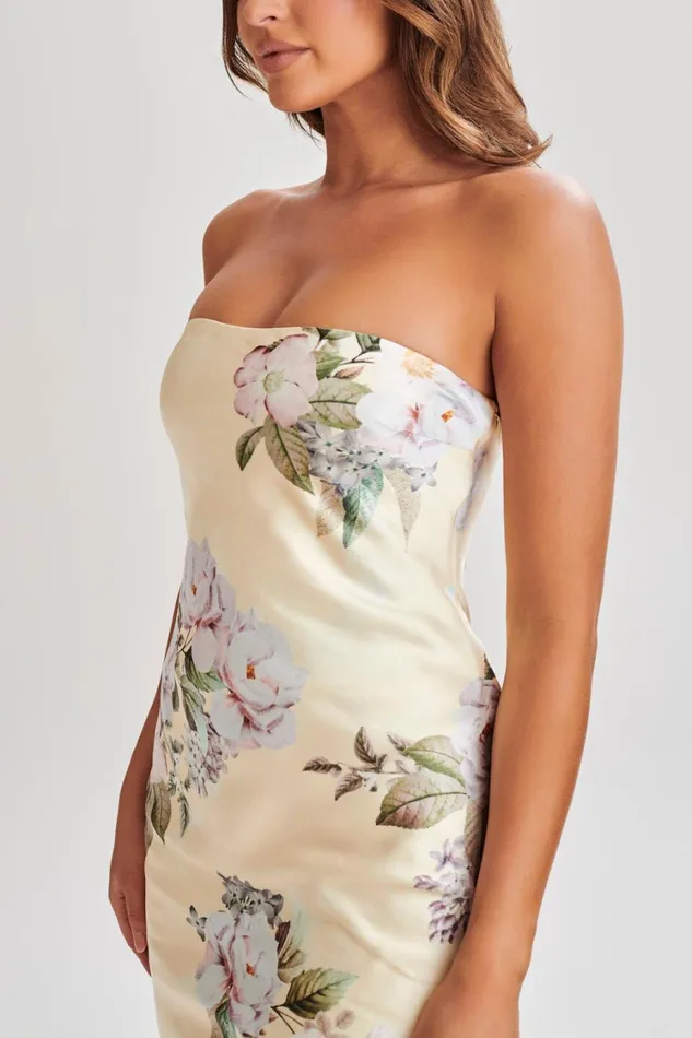 Women Meshki Dresses Tyler Strapless Satin Midi Dress 8211 Lemon Floral Print