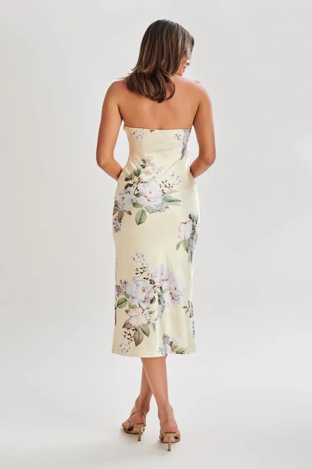 Women Meshki Dresses Tyler Strapless Satin Midi Dress 8211 Lemon Floral Print