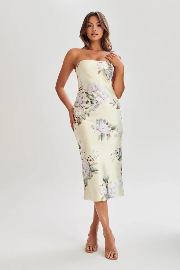 Women Meshki Dresses Tyler Strapless Satin Midi Dress 8211 Lemon Floral Print