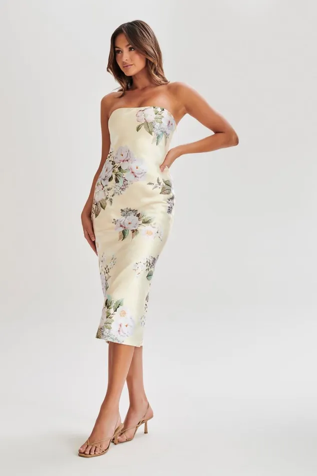 Women Meshki Dresses Tyler Strapless Satin Midi Dress 8211 Lemon Floral Print