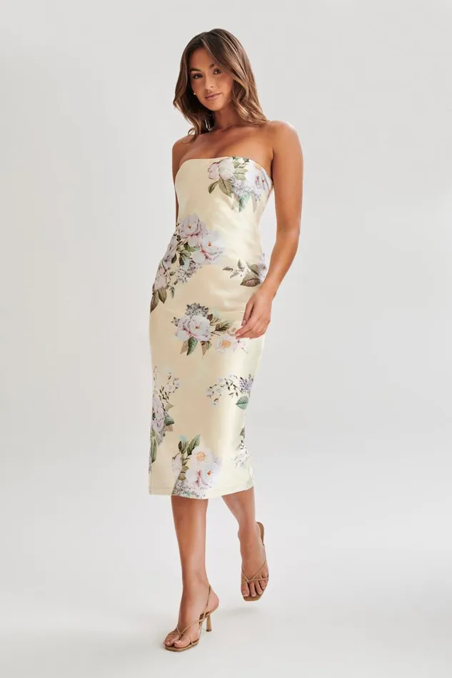 Women Meshki Dresses Tyler Strapless Satin Midi Dress 8211 Lemon Floral Print