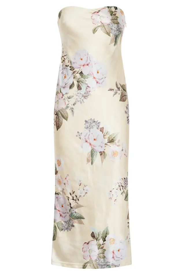 Women Meshki Dresses Tyler Strapless Satin Midi Dress 8211 Lemon Floral Print
