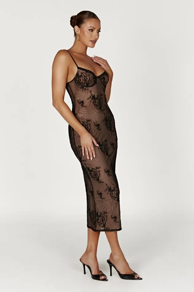 Women Meshki Dresses Venice Embroidered Mesh Midi Dress 8211 Black