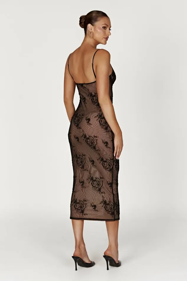 Women Meshki Dresses Venice Embroidered Mesh Midi Dress 8211 Black