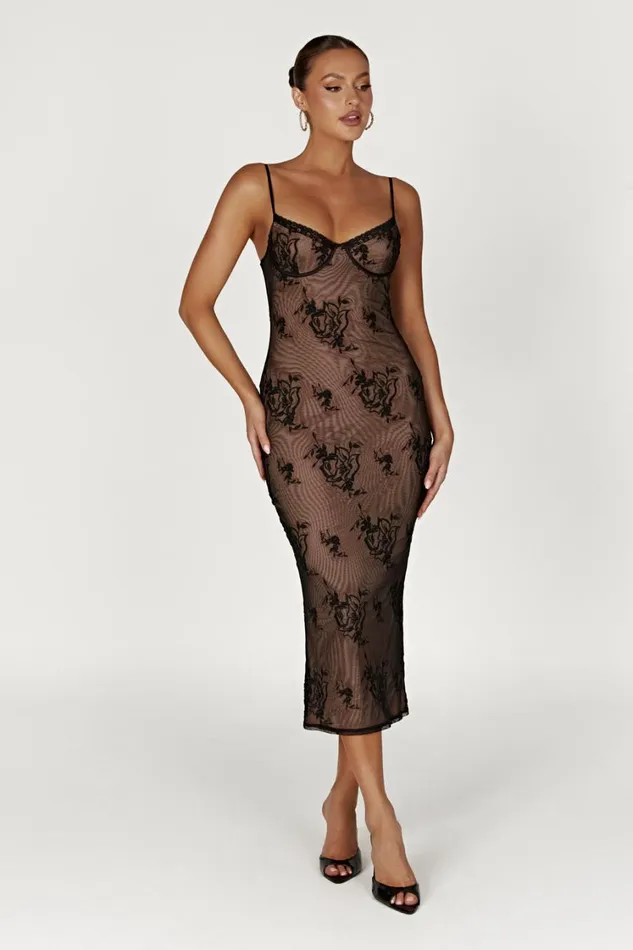 Women Meshki Dresses Venice Embroidered Mesh Midi Dress 8211 Black