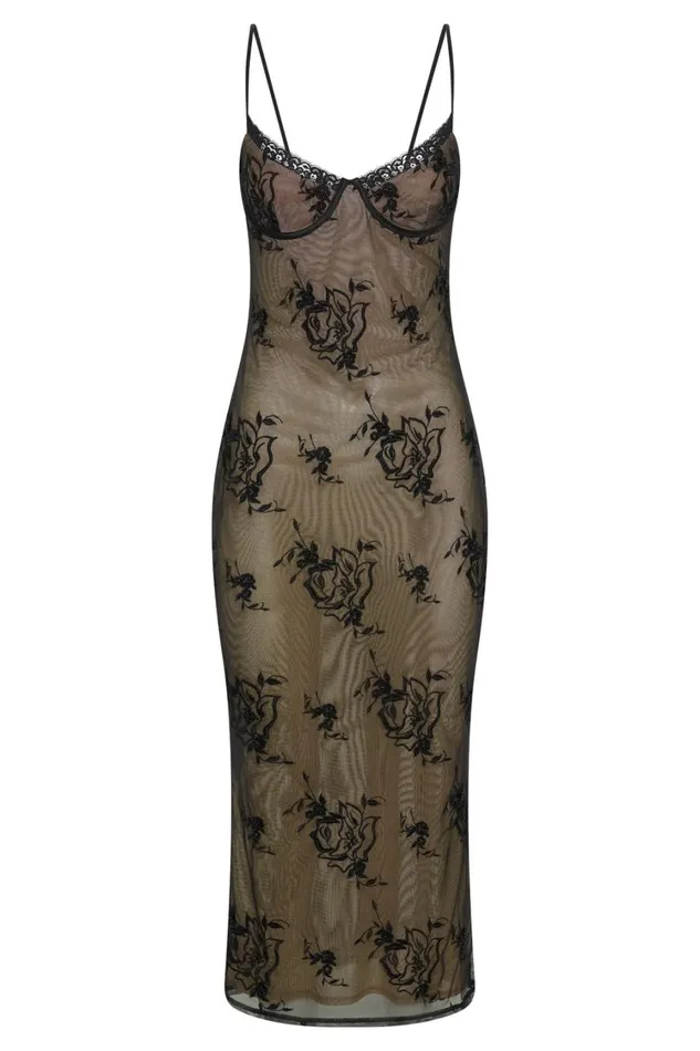 Women Meshki Dresses Venice Embroidered Mesh Midi Dress 8211 Black