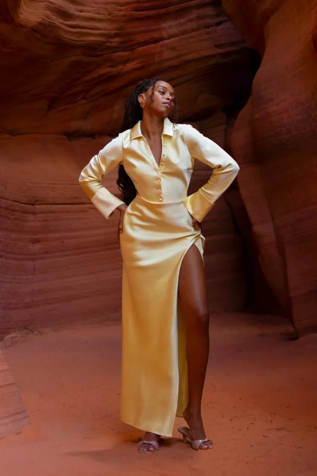 Women Meshki Dresses Whitley Satin Collared Maxi Dress 8211 Butter