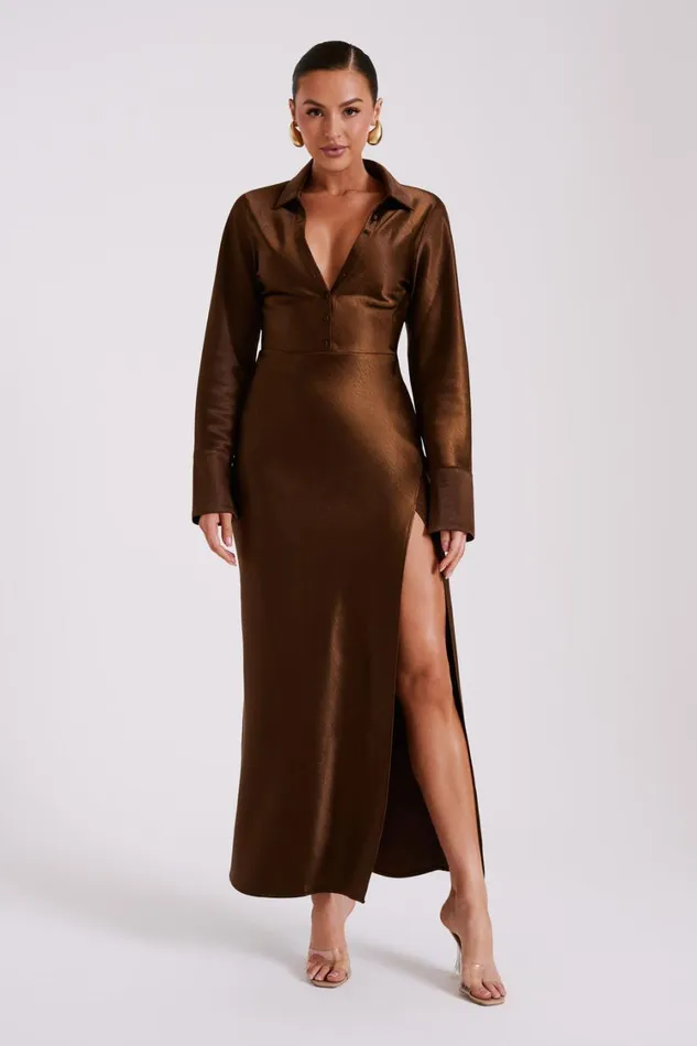 Women Meshki Dresses Whitley Satin Collared Maxi Dress 8211 Dark Brown