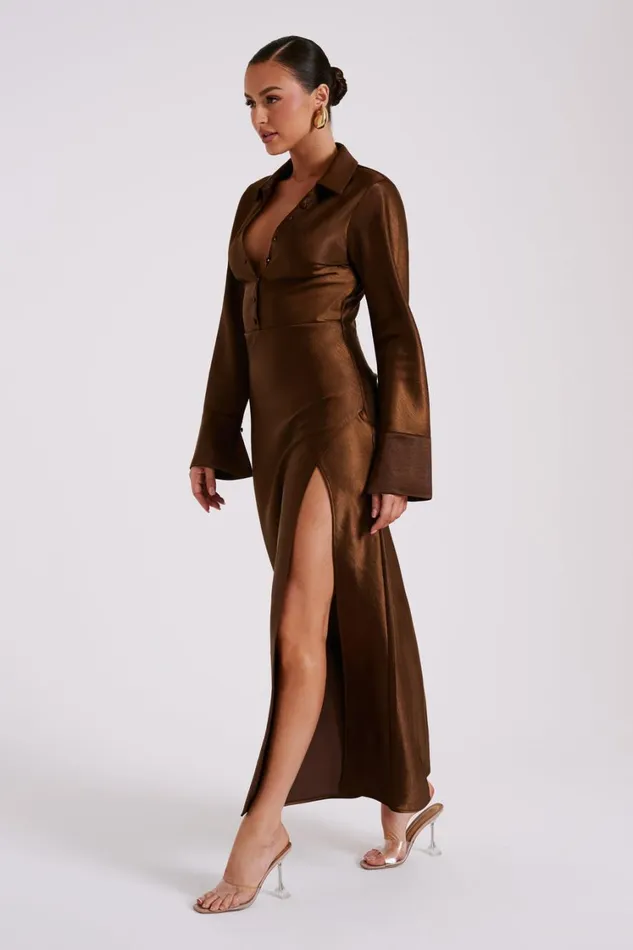 Women Meshki Dresses Whitley Satin Collared Maxi Dress 8211 Dark Brown
