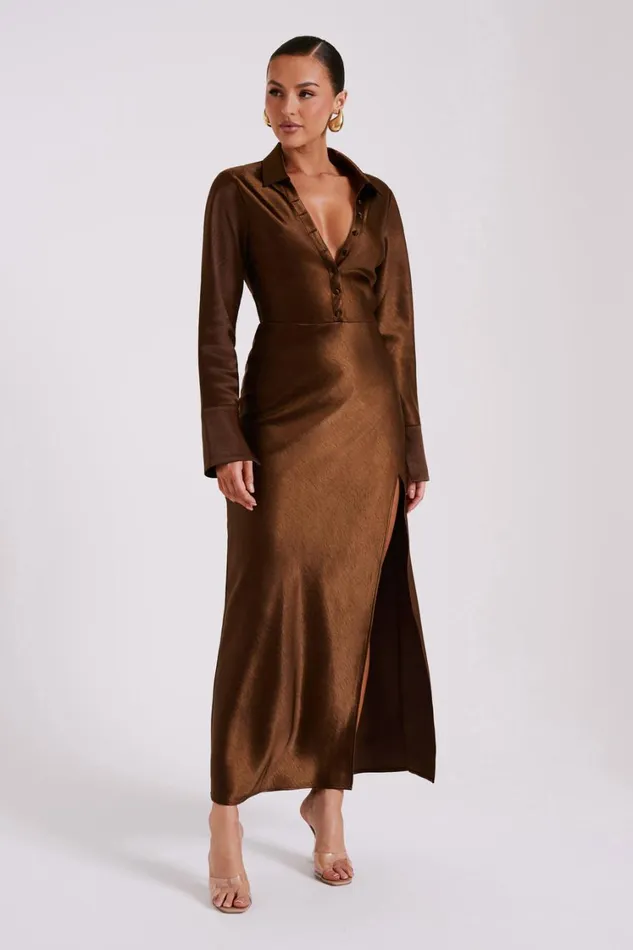 Women Meshki Dresses Whitley Satin Collared Maxi Dress 8211 Dark Brown