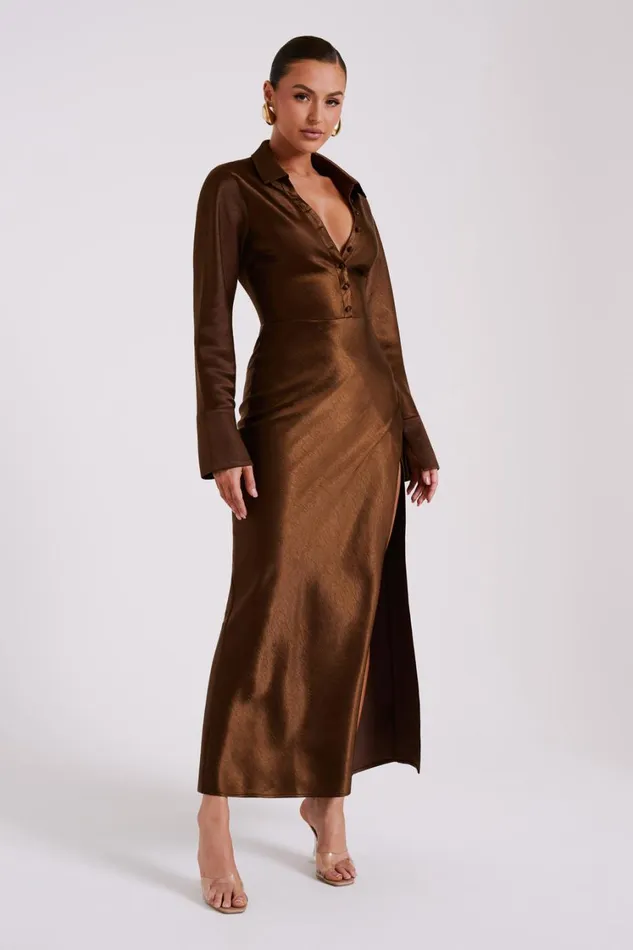 Women Meshki Dresses Whitley Satin Collared Maxi Dress 8211 Dark Brown