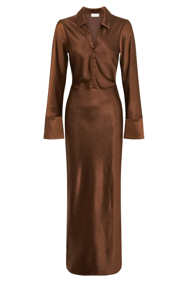 Women Meshki Dresses Whitley Satin Collared Maxi Dress 8211 Dark Brown