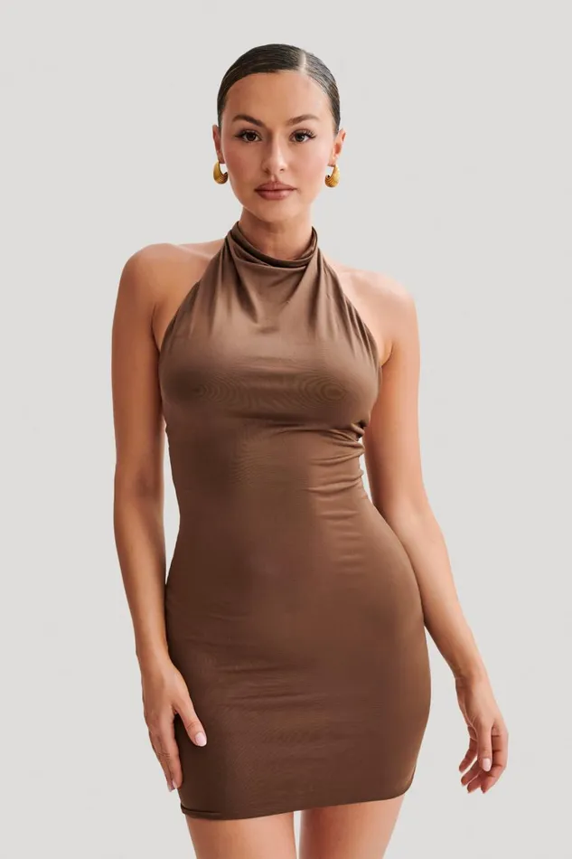 Women Meshki Dresses Zaida Slinky Halter Mini Dress 8211 Mocha