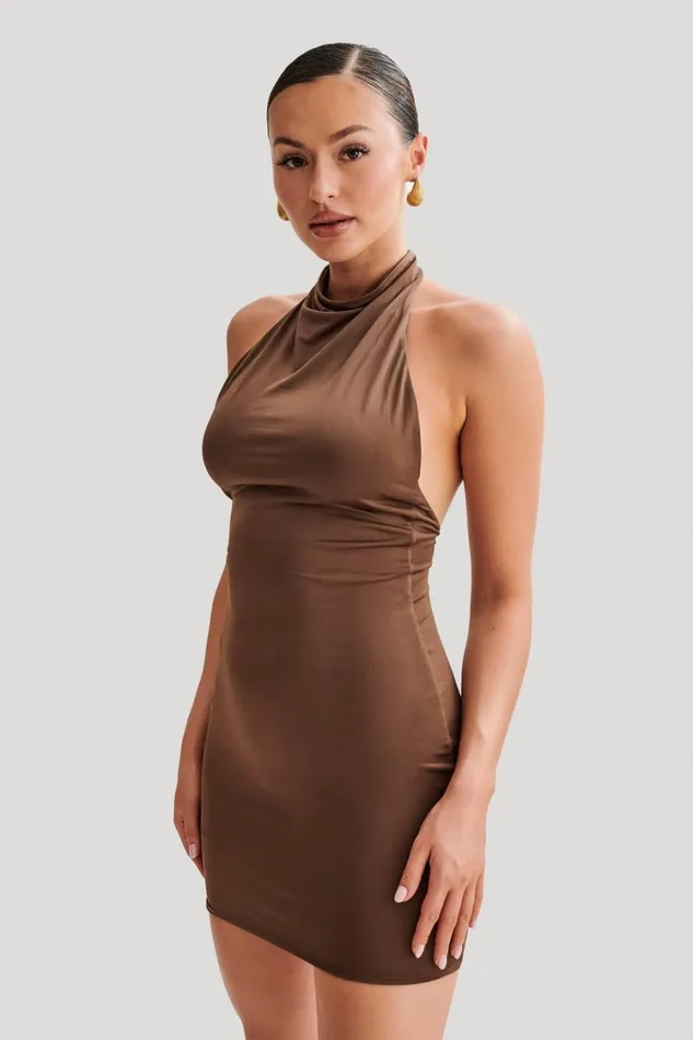 Women Meshki Dresses Zaida Slinky Halter Mini Dress 8211 Mocha