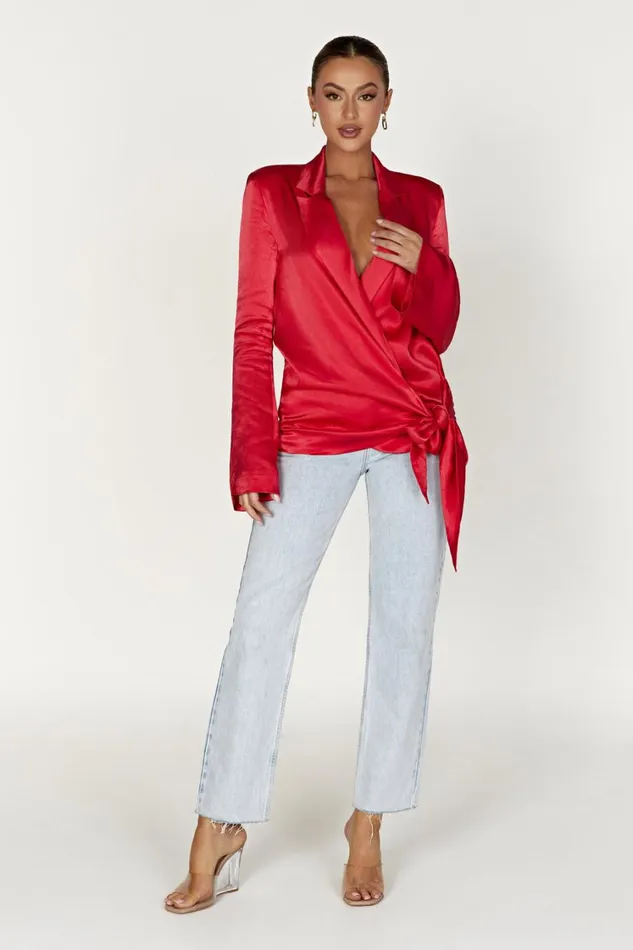 Women Meshki Outerwear Aspyn Satin Blazer Jacket 8211 Red