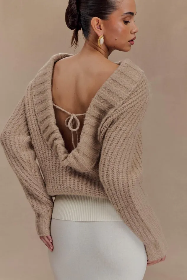Women Meshki Outerwear Candice Oversized Low Back Knit Jumper 8211 Stone Marle