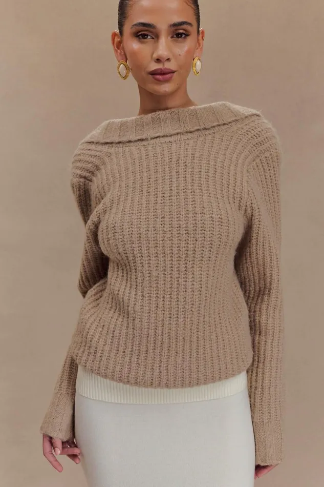 Women Meshki Outerwear Candice Oversized Low Back Knit Jumper 8211 Stone Marle