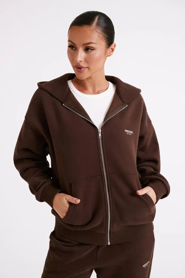 Women Meshki Outerwear Corrie Unisex Zip Through Hoodie 8211 Dark Chocolate
