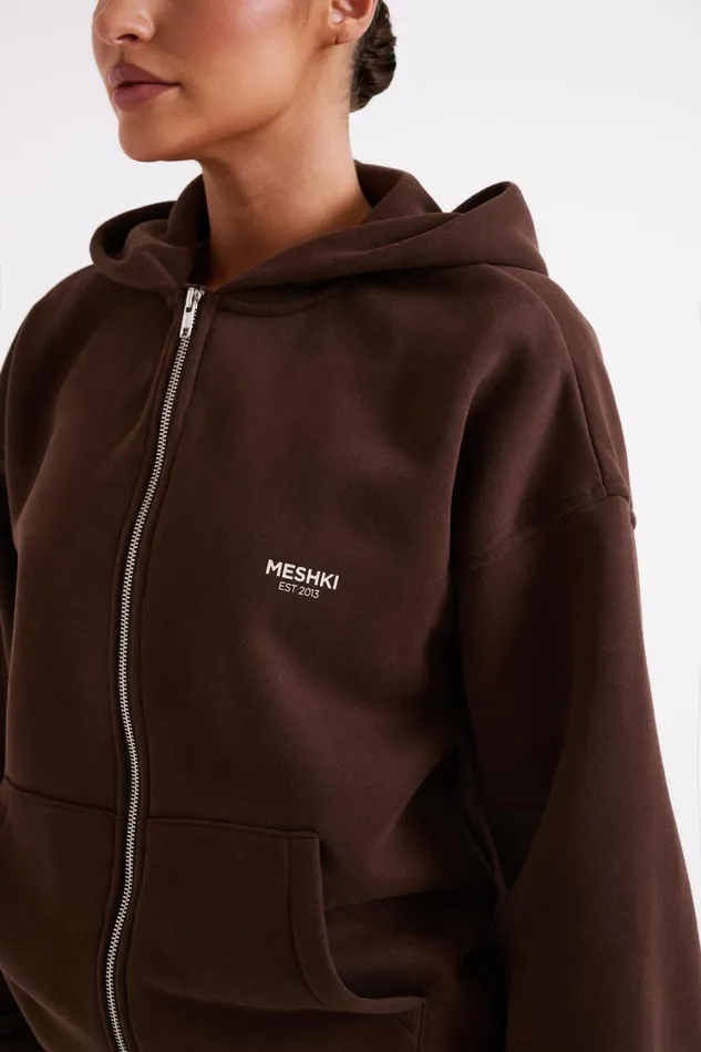 Women Meshki Outerwear Corrie Unisex Zip Through Hoodie 8211 Dark Chocolate