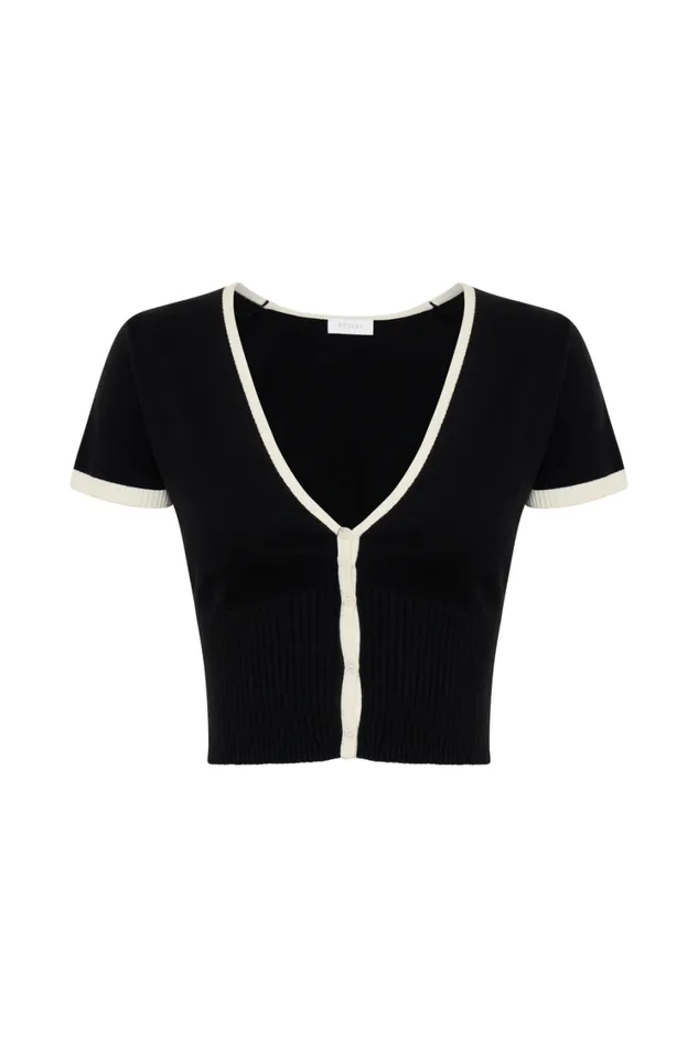 Women Meshki Outerwear Jolene Contrast Button Up Knit Top 8211 Black