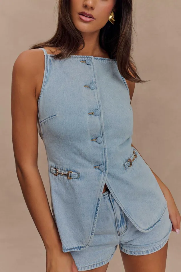 Women Meshki Sets Ashton Sleeveless Button Denim Top 8211 Light Blue
