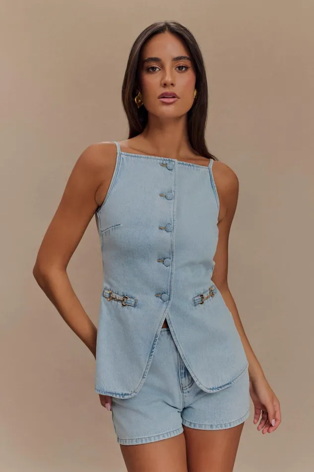 Women Meshki Sets Ashton Sleeveless Button Denim Top 8211 Light Blue