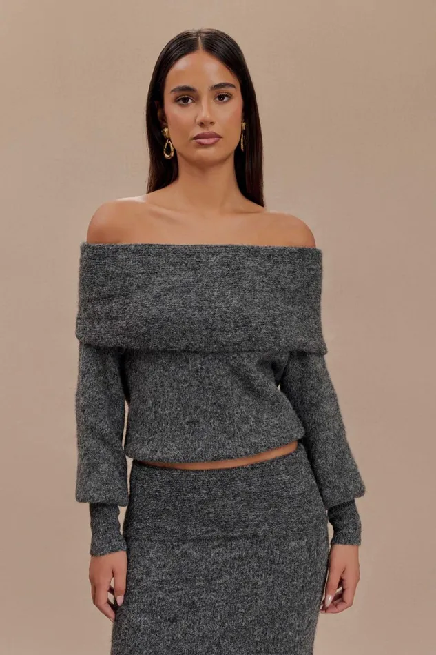 Women Meshki Sets Charlotte Off Shoulder Knit Long Sleeve Top 8211 Charcoal Marle