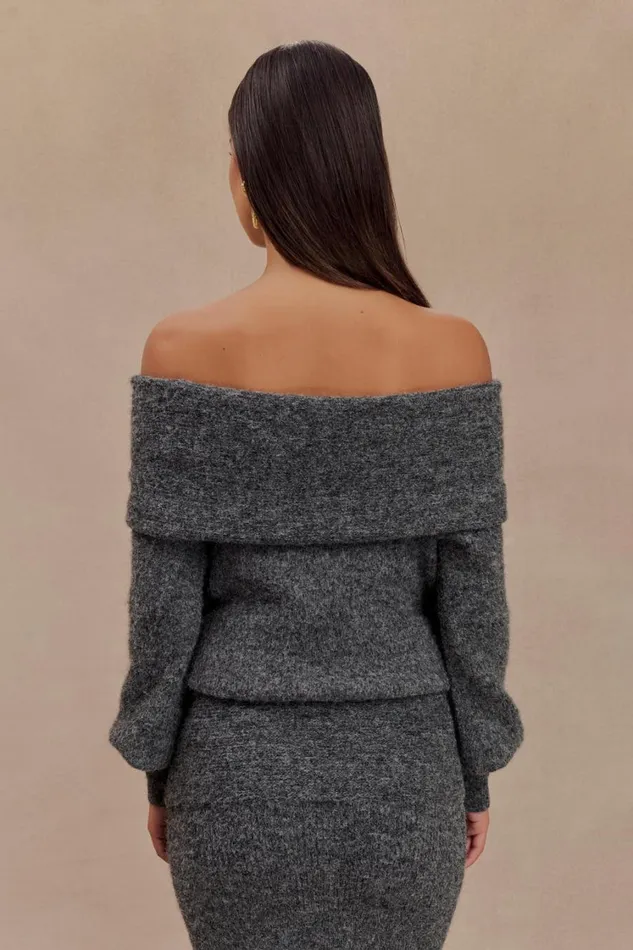 Women Meshki Sets Charlotte Off Shoulder Knit Long Sleeve Top 8211 Charcoal Marle