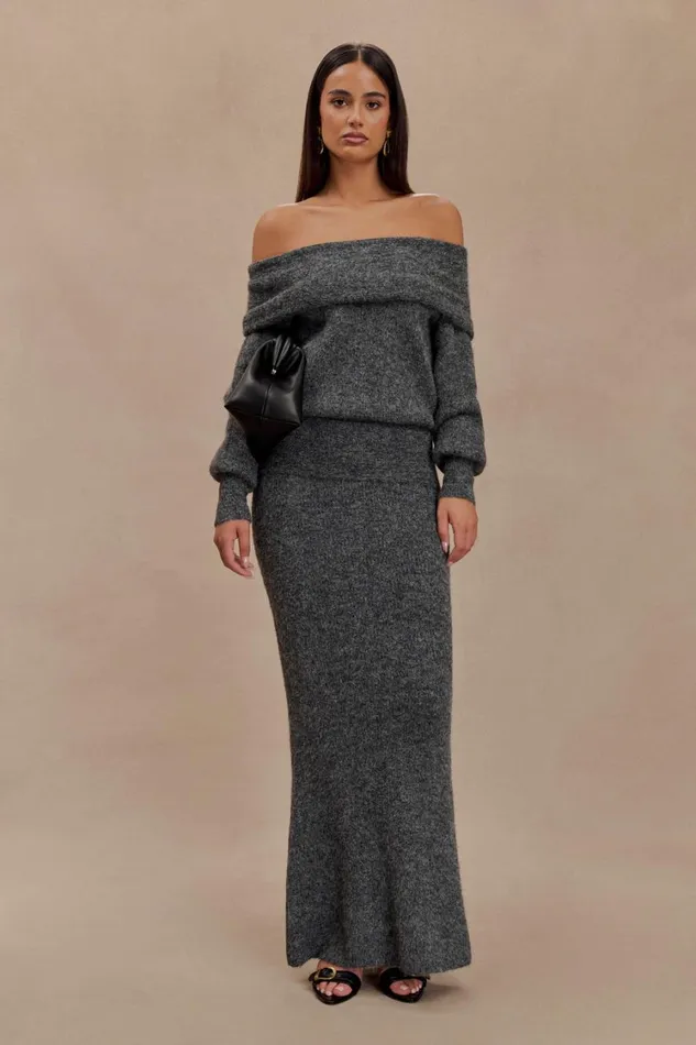 Women Meshki Sets Charlotte Off Shoulder Knit Long Sleeve Top 8211 Charcoal Marle