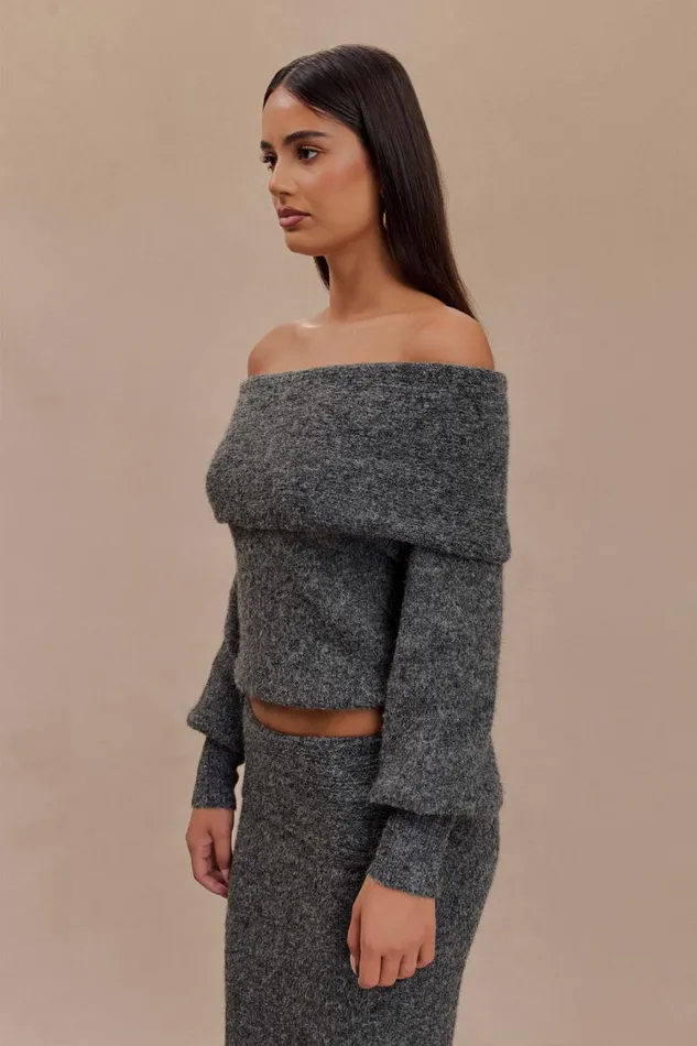 Women Meshki Sets Charlotte Off Shoulder Knit Long Sleeve Top 8211 Charcoal Marle