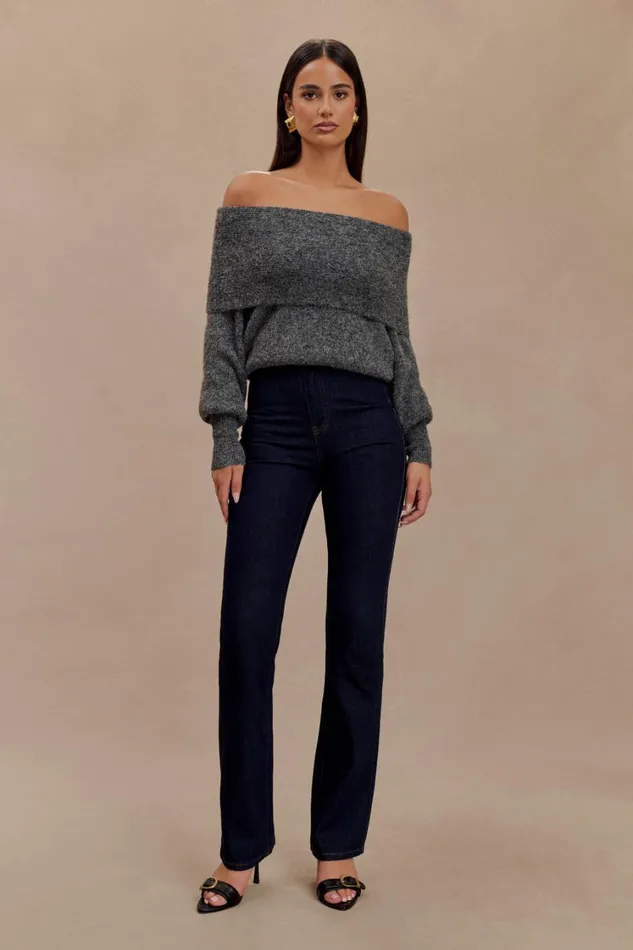 Women Meshki Sets Charlotte Off Shoulder Knit Long Sleeve Top 8211 Charcoal Marle