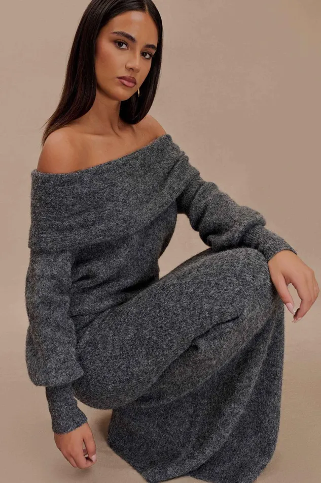 Women Meshki Sets Charlotte Off Shoulder Knit Long Sleeve Top 8211 Charcoal Marle