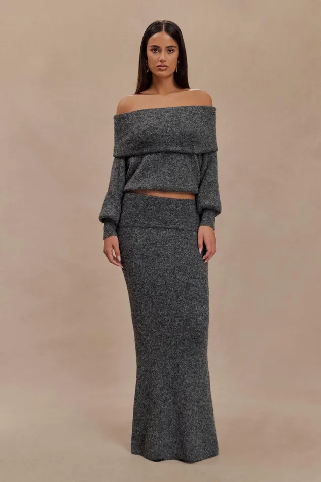Women Meshki Sets Charlotte Off Shoulder Knit Long Sleeve Top 8211 Charcoal Marle