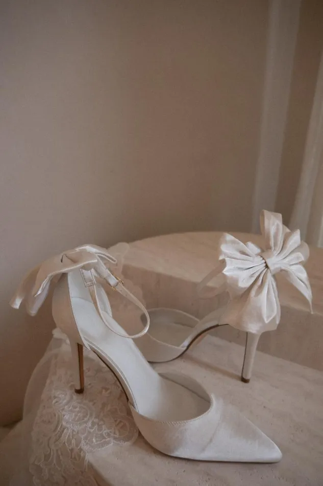 Women Meshki Shoes Charmed Satin Bow Heel 8211 White