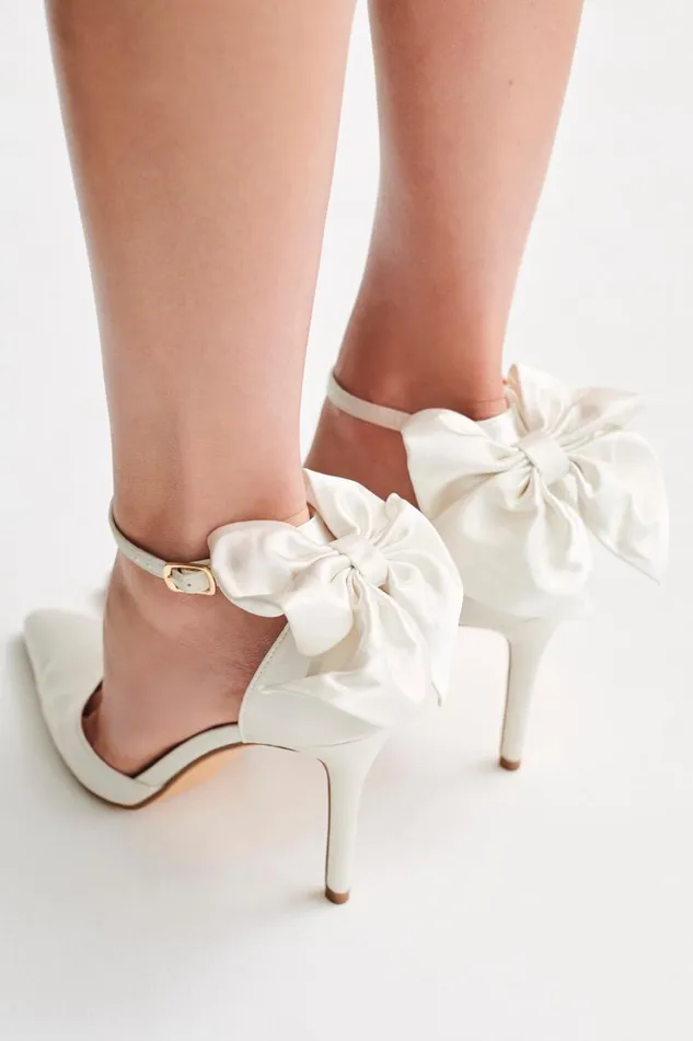 Women Meshki Shoes Charmed Satin Bow Heel 8211 White