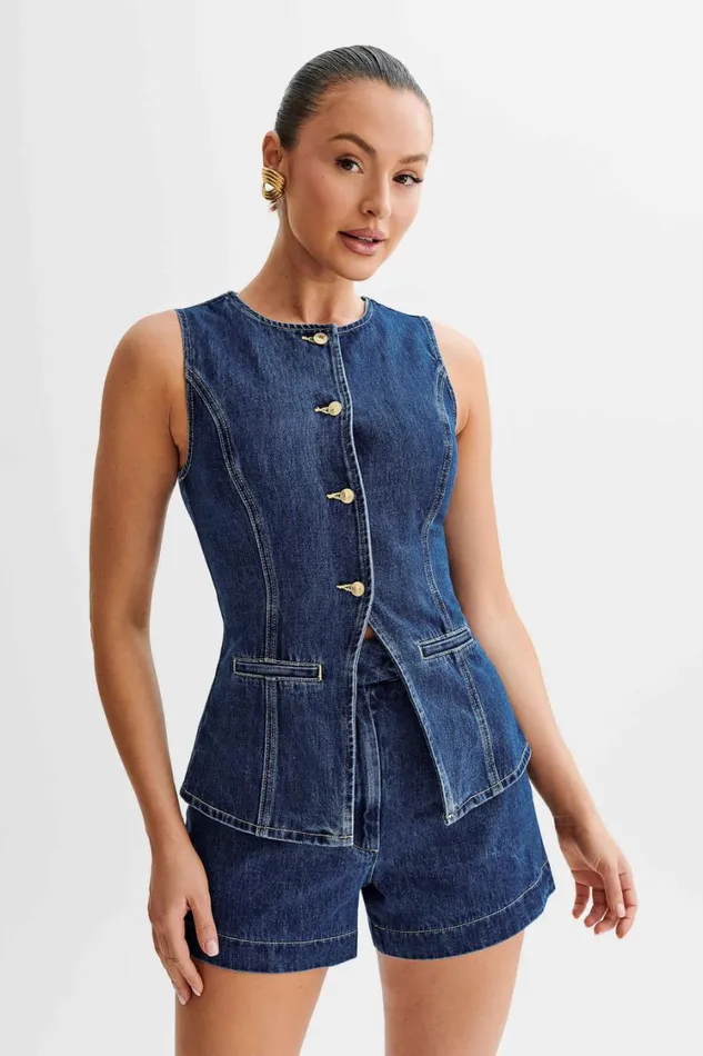 Women Meshki Tops Abel Denim Button Up Top 8211 Dark Blue