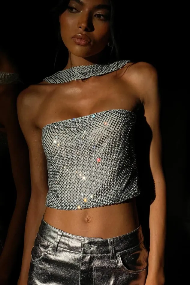 Women Meshki Tops Agnes Diamante Mesh Halter Top 8211 Silver