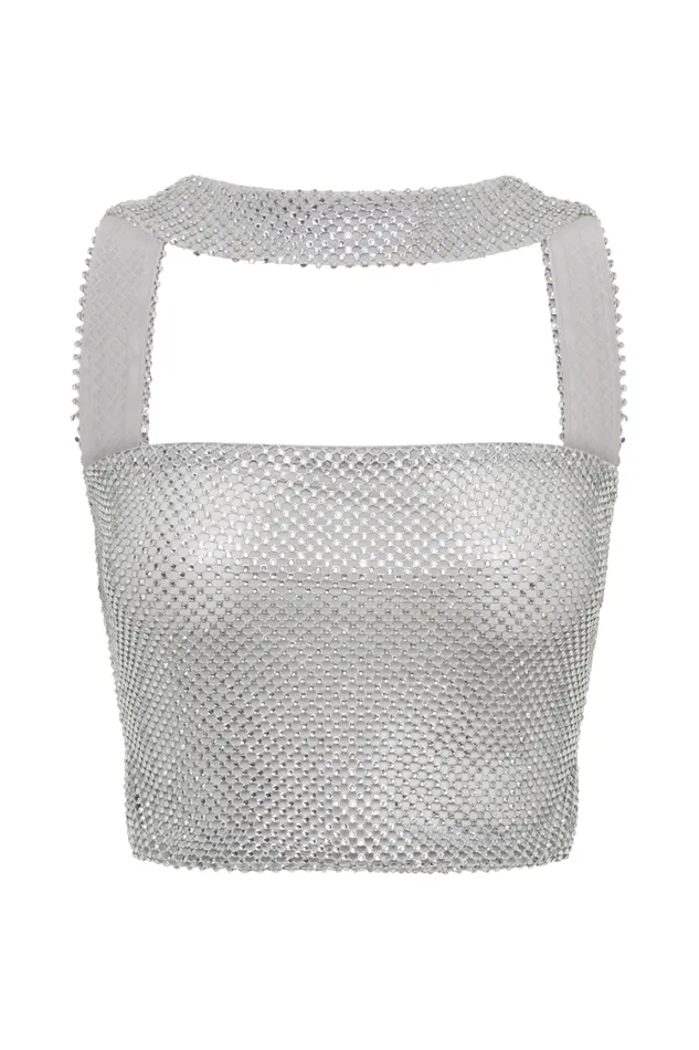 Women Meshki Tops Agnes Diamante Mesh Halter Top 8211 Silver