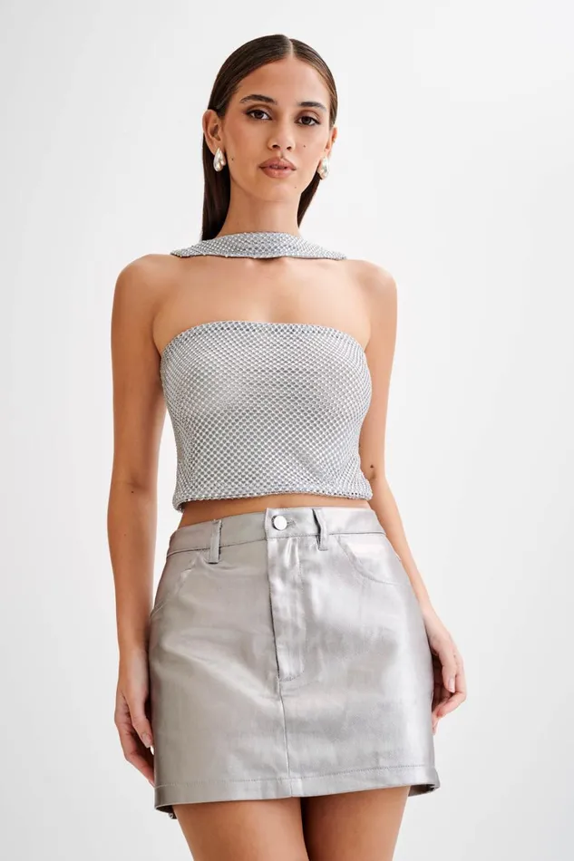 Women Meshki Tops Agnes Diamante Mesh Halter Top 8211 Silver