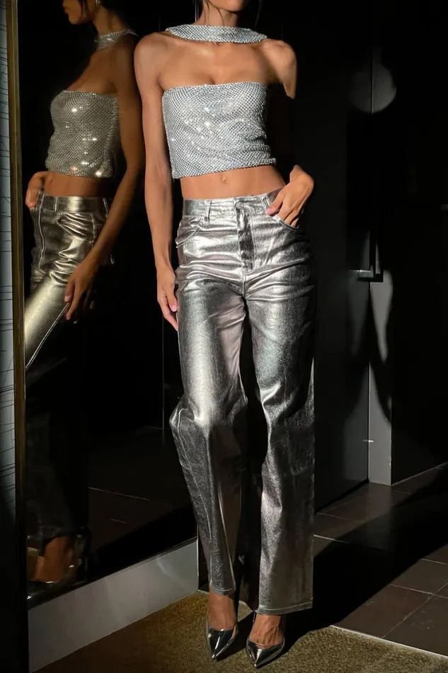 Women Meshki Tops Agnes Diamante Mesh Halter Top 8211 Silver