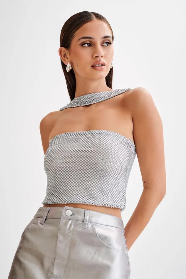 Women Meshki Tops Agnes Diamante Mesh Halter Top 8211 Silver