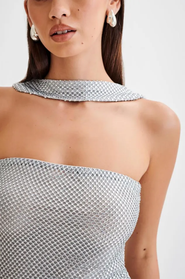 Women Meshki Tops Agnes Diamante Mesh Halter Top 8211 Silver
