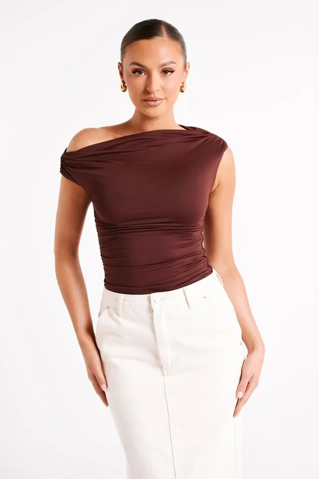 Women Meshki Tops Alayna Recycled Nylon Ruched Top 8211 Chocolate